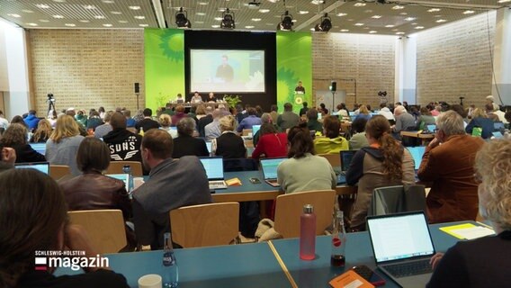 Delegierte hören beim Landesparteitag der Grünen in Neumünster einem Redner zu. © Screenshot 